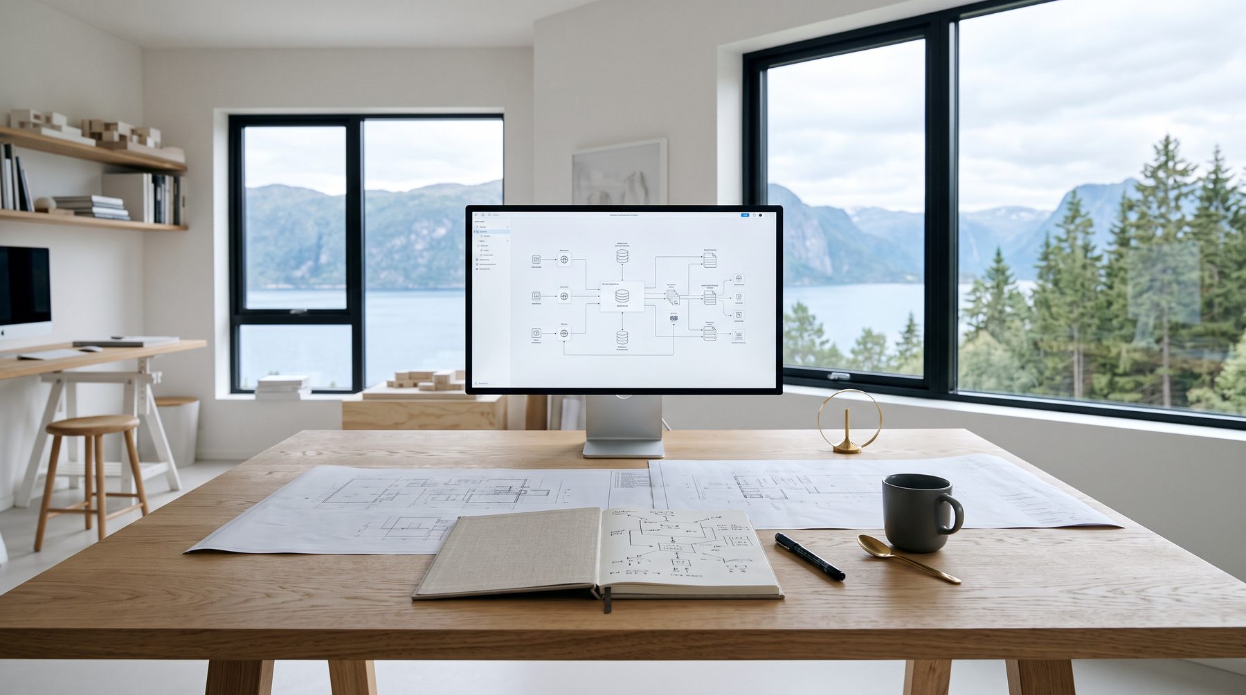 Arbeidsbenk med systemtegning på skjerm og skisser på papir